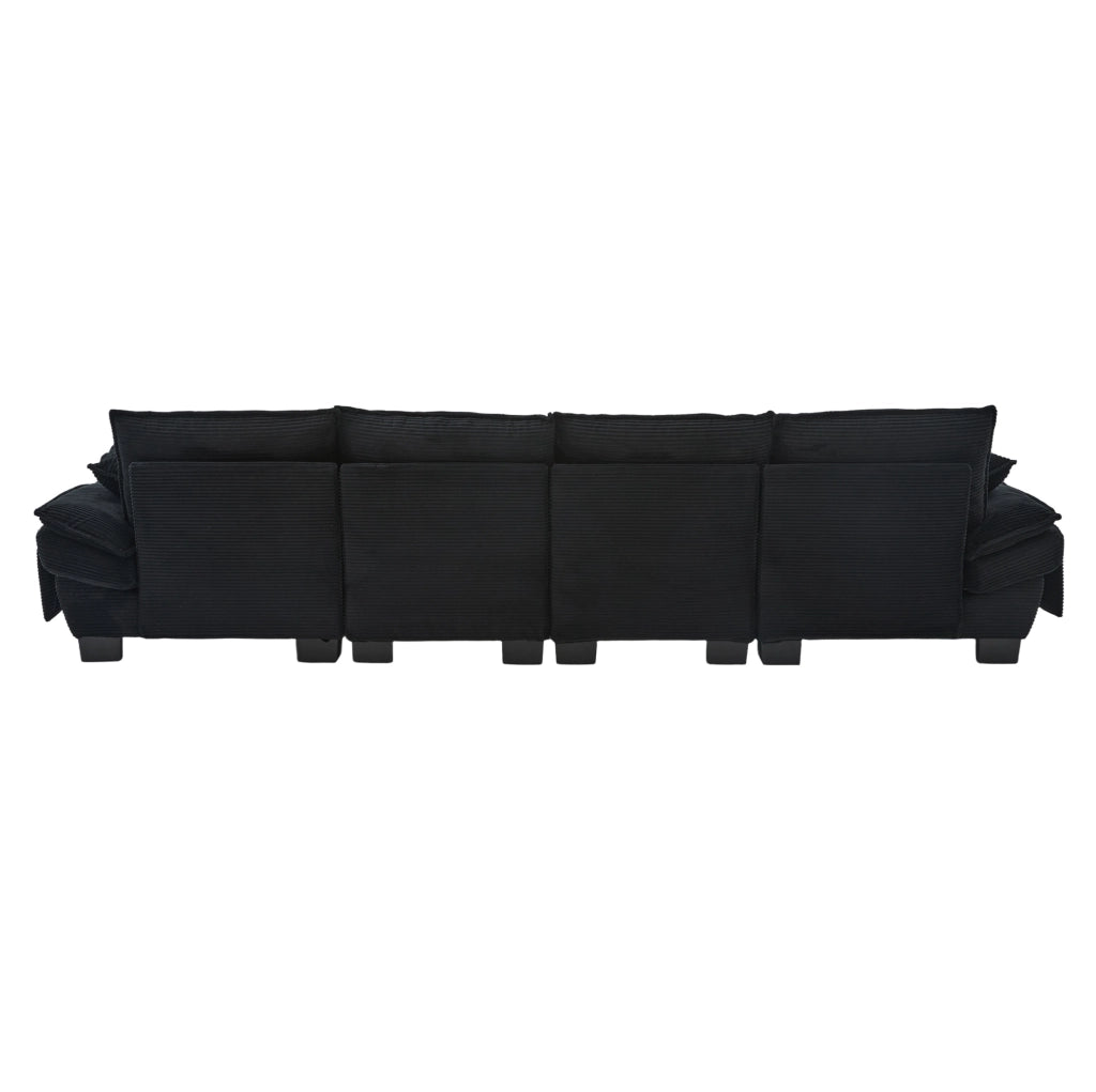 Divano modulare 4 posti con 2 pouf; USB-C; in corduroy nero; 330x132x84 cm