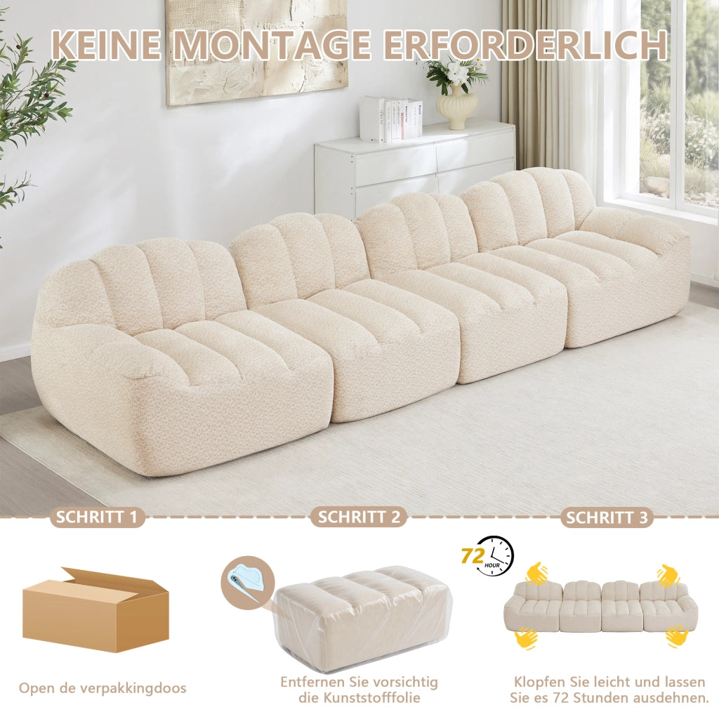 Divano modulare 4 posti senza struttura con seduta profonda e schienale ergonomico in pile granulato beige bianco