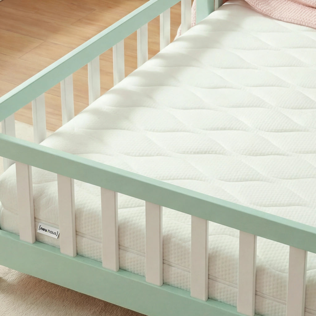 Letto per Cameretta Treviolo a Forma di Casetta in Stile Montessori con Materasso 140x200 cm - Menta Verde/Bianco [en.casa]