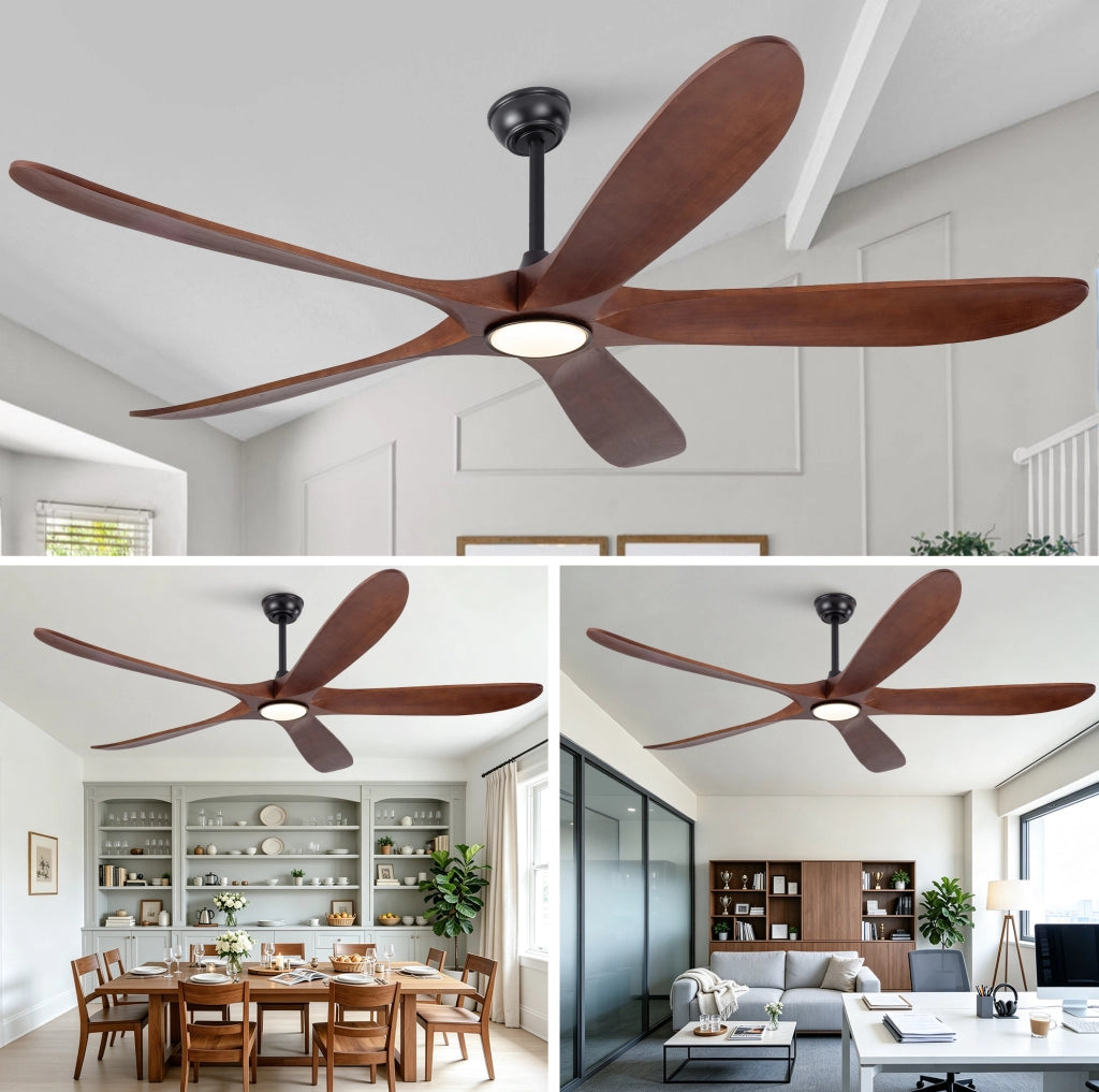 Ventilatore da soffitto 70 pollici con LED dimmerabile, 5 pale in legno massello noce e nero