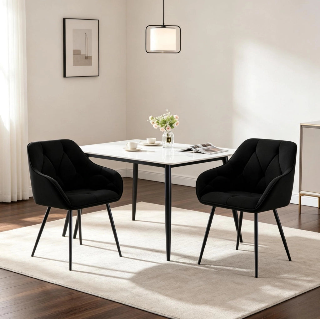 Set di 2 sedie da pranzo in velluto nero con braccioli e gambe in metallo