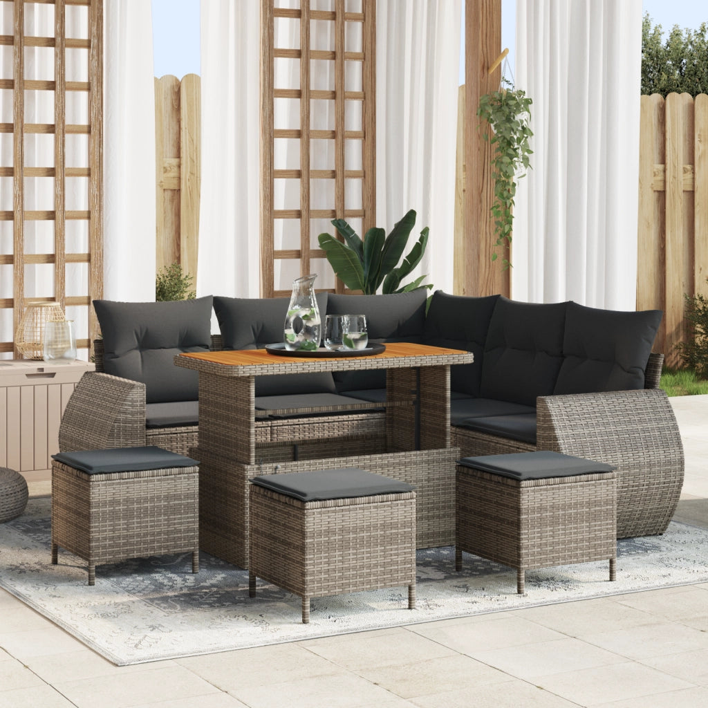 Set divano giardino 9 pezzi con cuscini Grigio Polirattan Acacia
