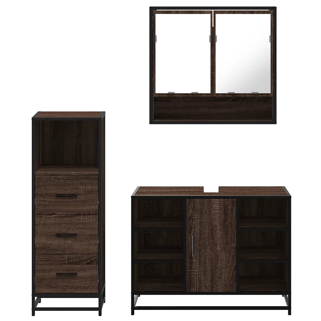 Set Mobili da Bagno 3 pz Rovere Marrone in Legno Multistrato
