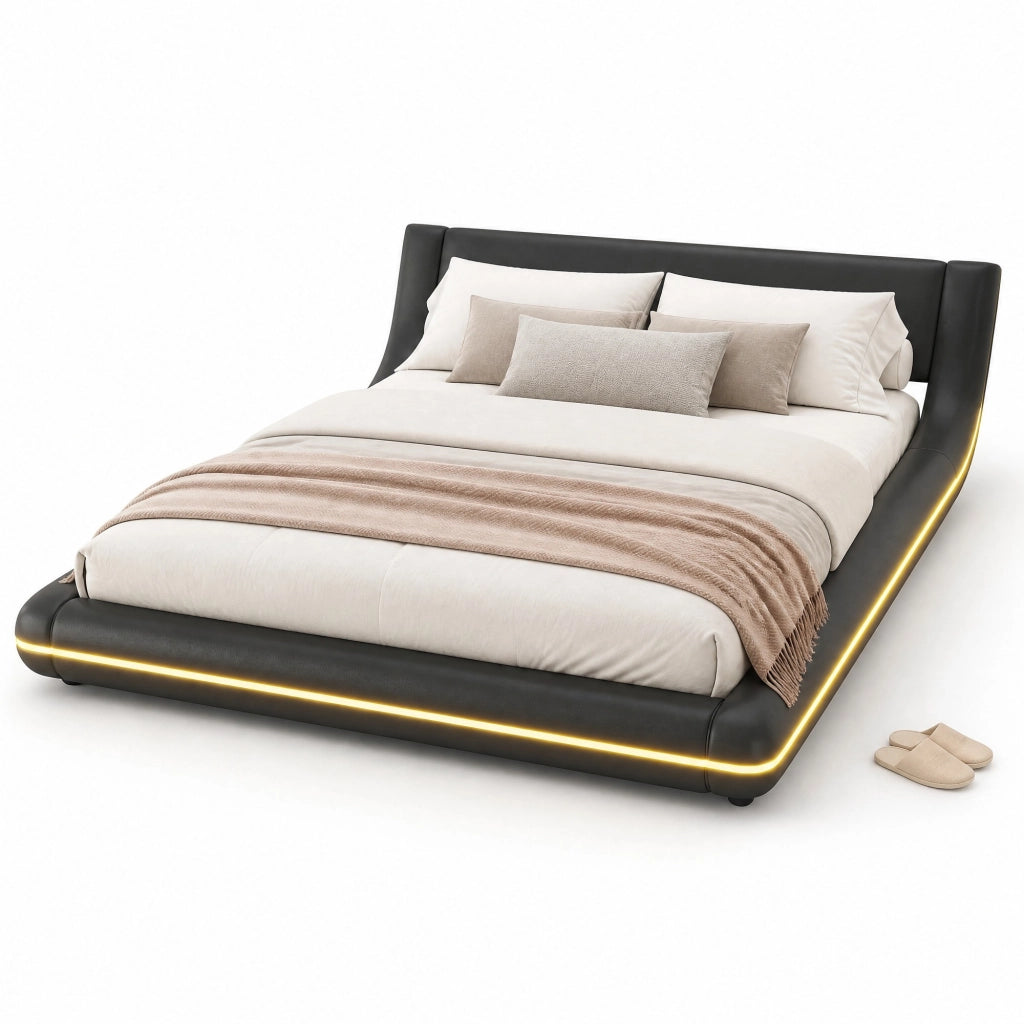 DESMIU Letto basso 140 × 200 cm 2 posti con LED regolabile, senza materasso, in PU, nero