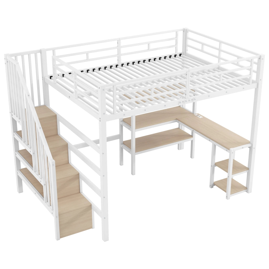 Letto a Soppalco con Scrivania, LED e USB ¨C MINIMAL ¨C Metallo Bianco 140x200