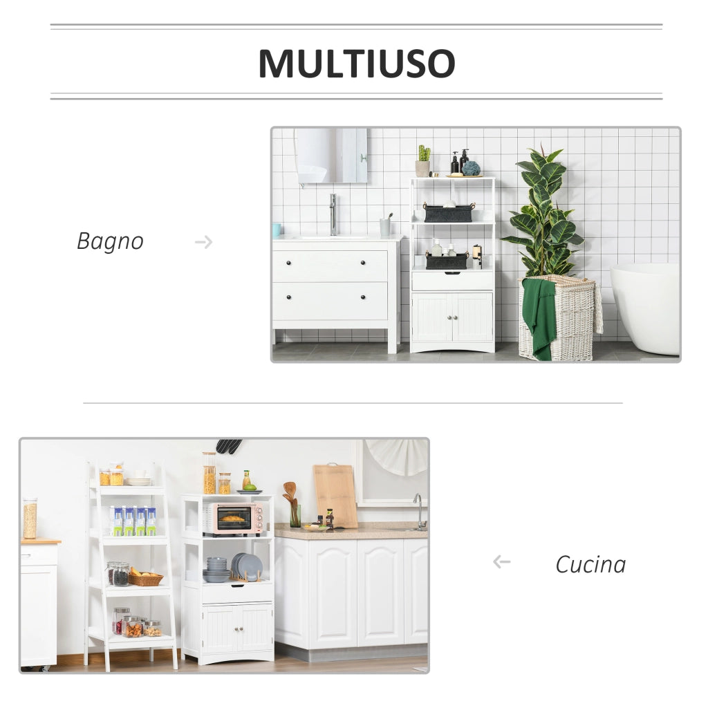 EasyComfort Mobile Bagno con Mensole, Armadietto e Cassetto, Mobiletto da Bagno Multiuso in Legno, Bianco, 60x33x122.5cm