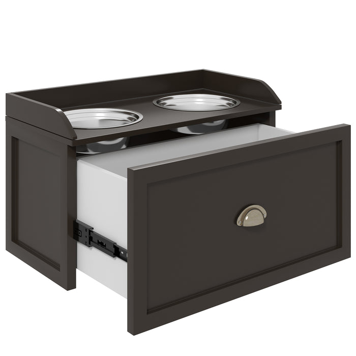 Ciotole per Cani Rialzate 60x30x36 cm in Acciaio Inox e Struttura in Legno con Cassetto Marrone