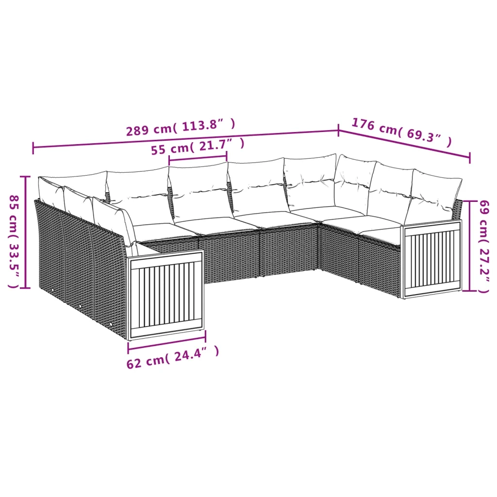 Set Divano da Giardino 9 pz con Cuscini Grigio in Polyrattan 3227957