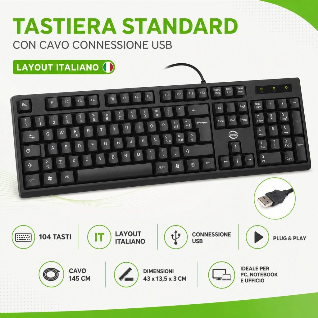 TASTIERA USB STANDARD 104 TASTI ITALIANA CABLATA PC  UFFICIO AS-05896