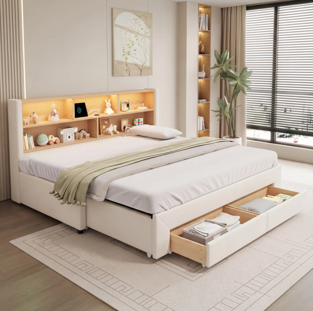 Daybed estraibile 90x200 cm trasformabile in 180x200 cm; con cassetti; USB; Type-C e LED; velluto beige