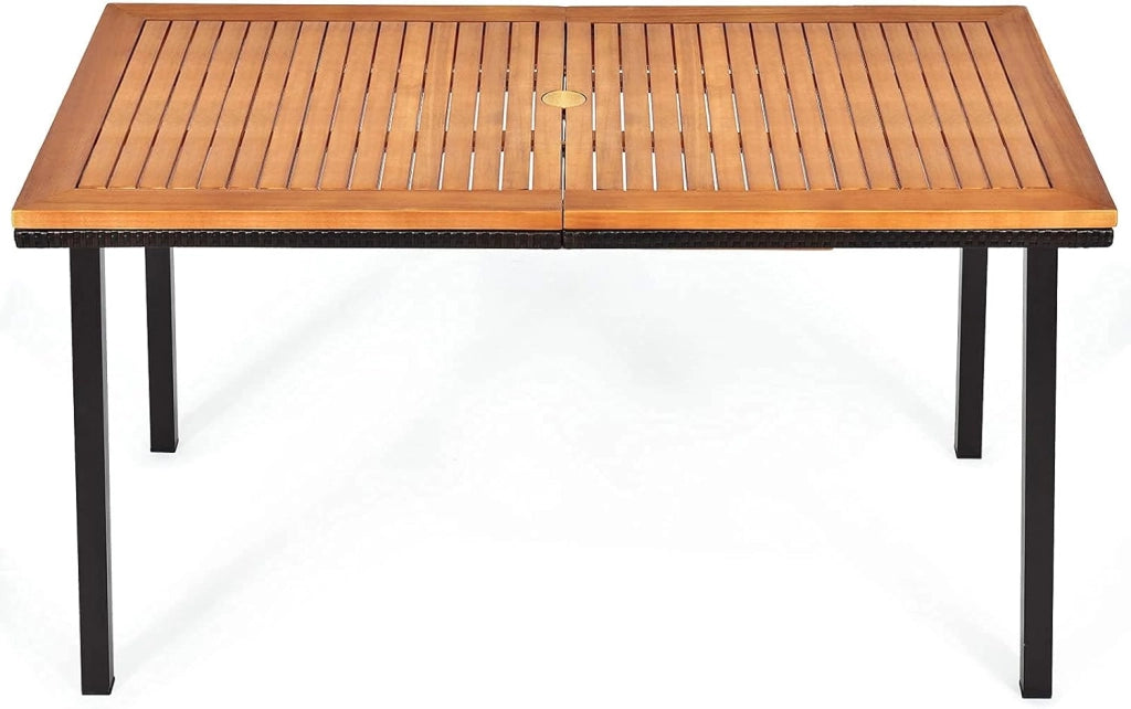 Tavolo da Pranzo in Legno di Acacia Rettangolare, Tavolo da Giardino con Foro per Ombrellone in Design Industriale,140 x 75 x 76 cm