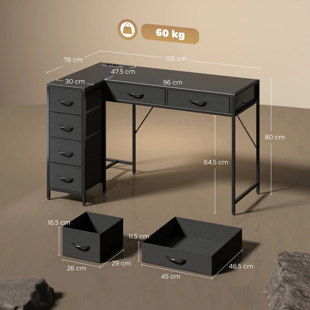 Scrivania Angolare 126x48x80 cm a 6 Cassetti con Gancio Laterale e Prese Integrate in Legno e Acciaio Nero