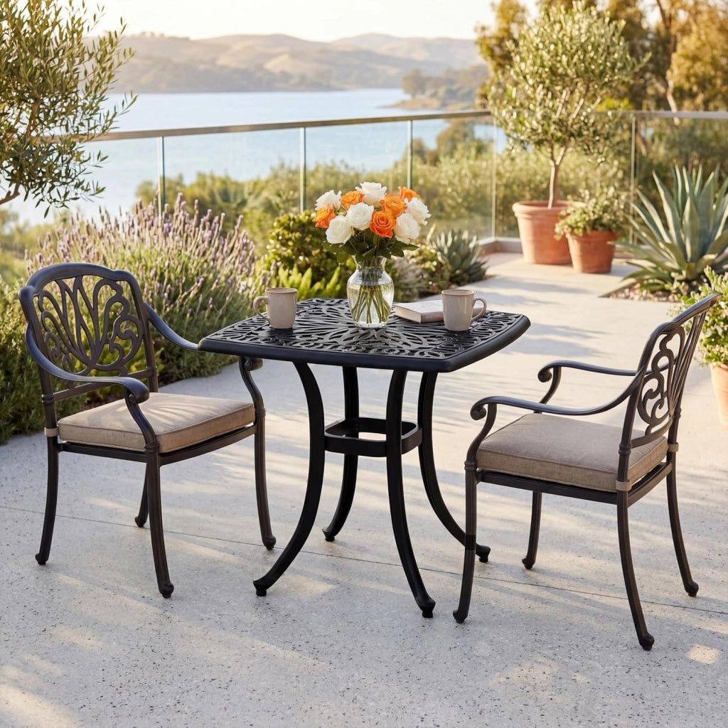 Tavolo da giardino con foro per ombrellone e motivo floreale decorativo, in alluminio pressofuso resistente alle intemperie, per gazebo, balcone e cortile, 54 x 54 x 53 cm
