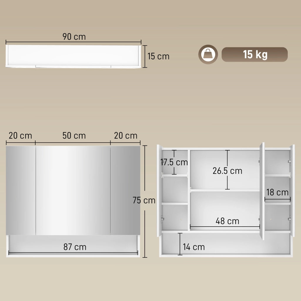 Specchiera Bagno con Armadietto 3 Ante Soft Close e Ripiani Regolabili, 90x15x75 cm, Bianco