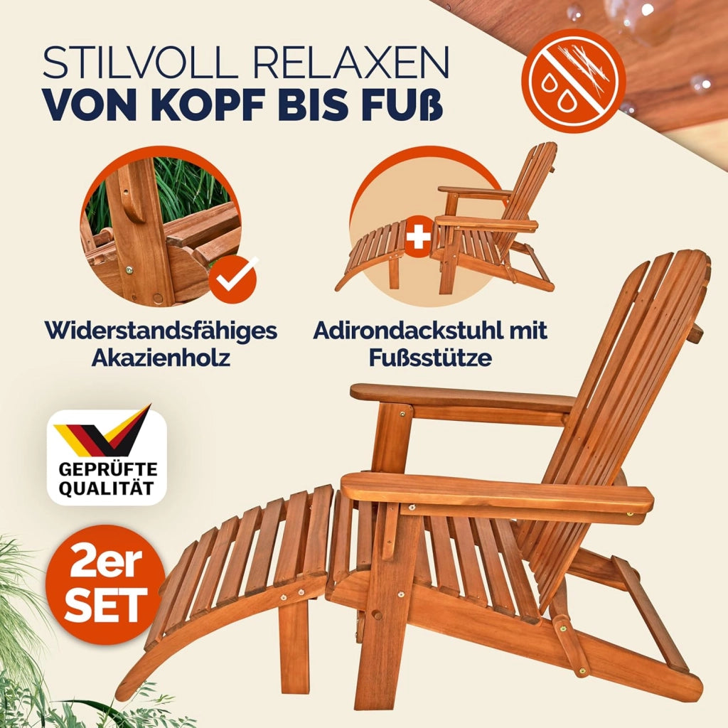 2x Sedia Prendisole Adirondack Sdraio 2 Poggiapiedi Pieghevole Giardino Mare Legno Acacia