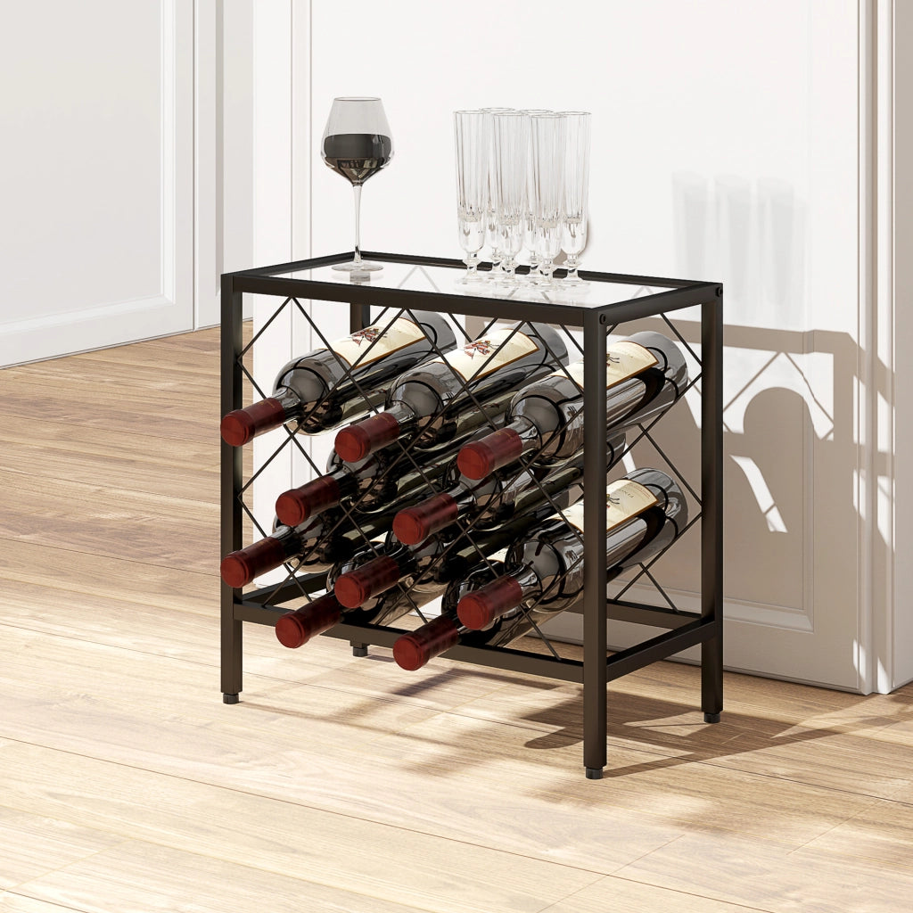 Portabottiglie Vini per 10 Bottiglie ¨C Zephmum ¨C Acciaio Nero con Piano Vetro Temperato 41x22x41 cm