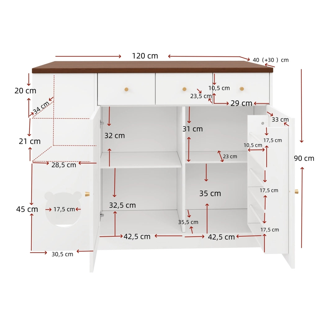 Isola da cucina 120x40x90 cm con piano estraibile e area per gatti in MDF bianco e noce