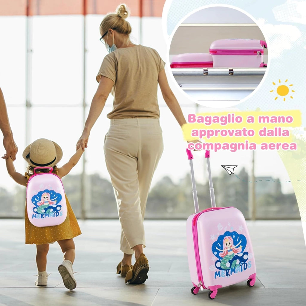 Set di Valigia per Bambini, 16" Valigia+ 12" Zaino, 2 Pezzi, con Ruote Girevoli a 360° e Maniglia Retrattile, Ideale per Viaggiare in Modo Comodo e Divertente (Modello 25)
