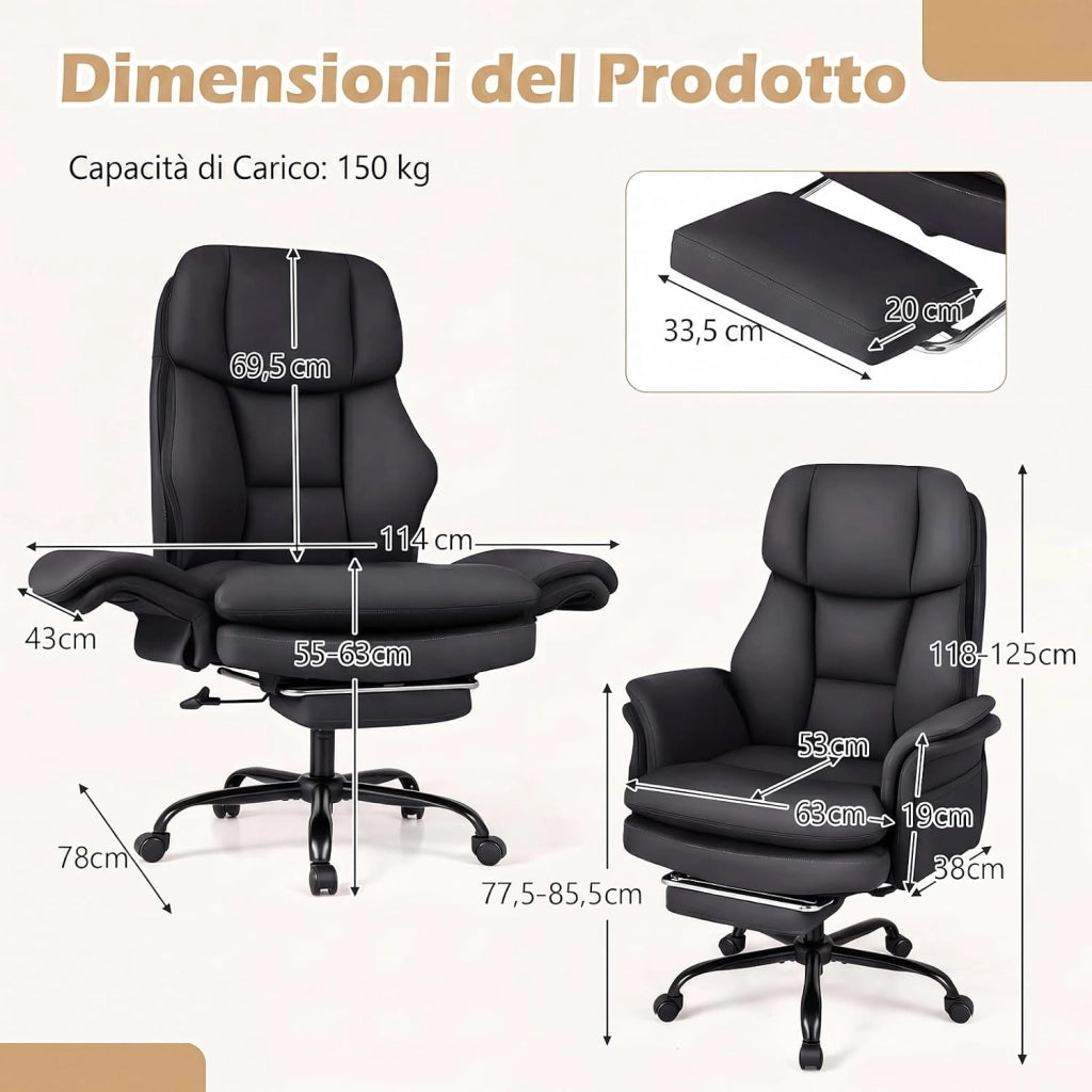 Sedia da Ufficio Ergonomica, Portata 150 kg (Nero) | Sedia Scrivania con Rotelle Girevole, Braccioli Regolabili su 5 Livelli e Poggiapiedi Retrattile, per Casa e Ufficio