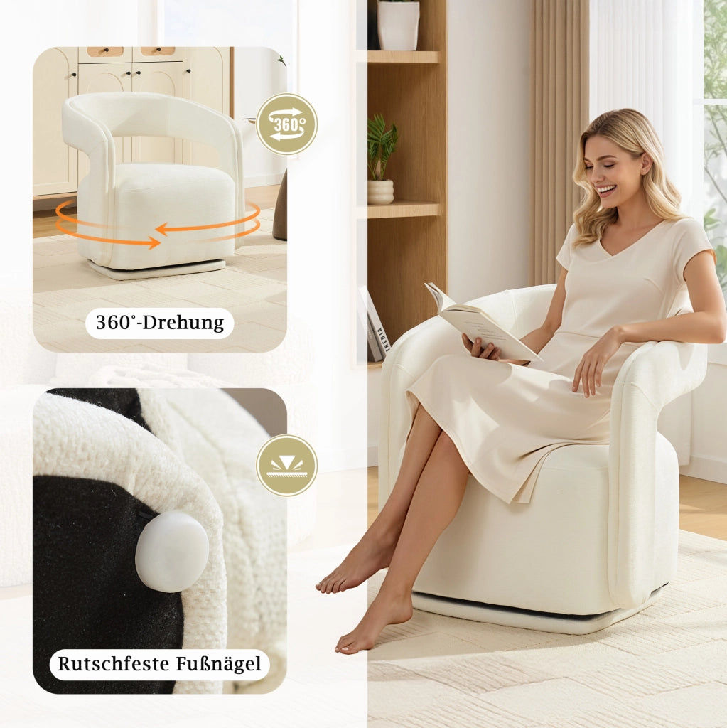 Poltrona girevole 360° in ciniglia bianca, design Barrel Chair