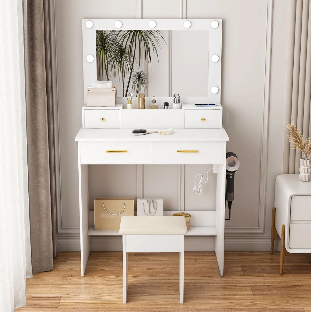 Tavolo da trucco con specchio LED a 3 tonalità; presa elettrica e sgabello imbottito; bianco