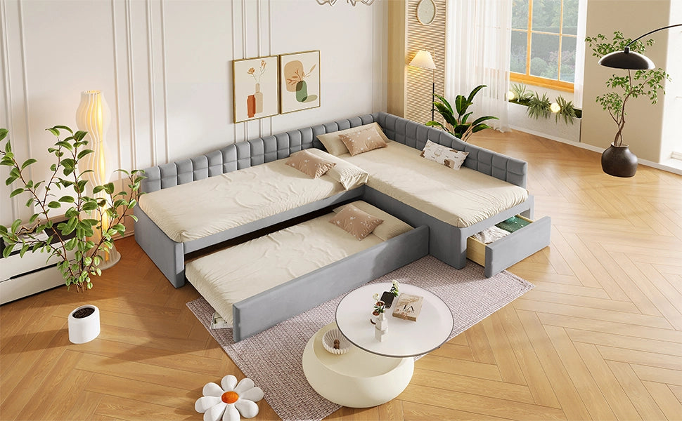 Letto combinato a L 90 × 200 cm con letto estraibile, 2 cassetti, senza materasso, in flanella grigio
