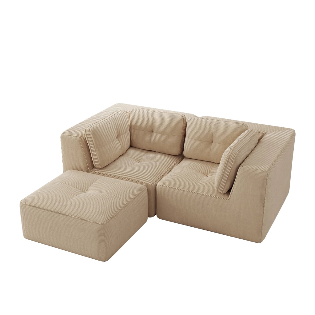 Divano angolare modulare in velluto a coste senza montaggio con design componibile e seduta bassa beige