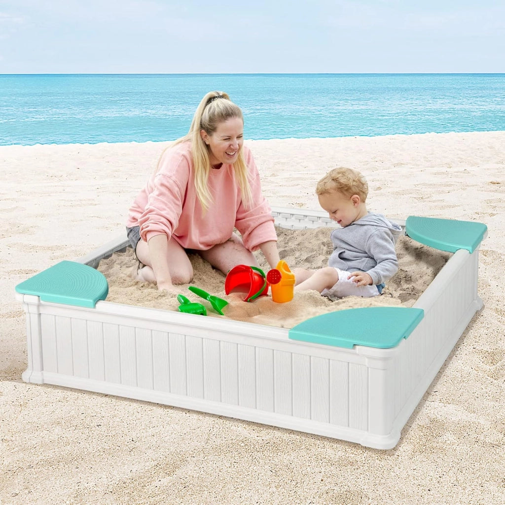 Sabbiera per Bambini, Sabbiera da Cortile con 4 Sedute Angolari e Copertura in Oxford, per Cortile Spiaggia Prato, 123,5 x 123,5 x 31,5 cm (Verde+Bianco)
