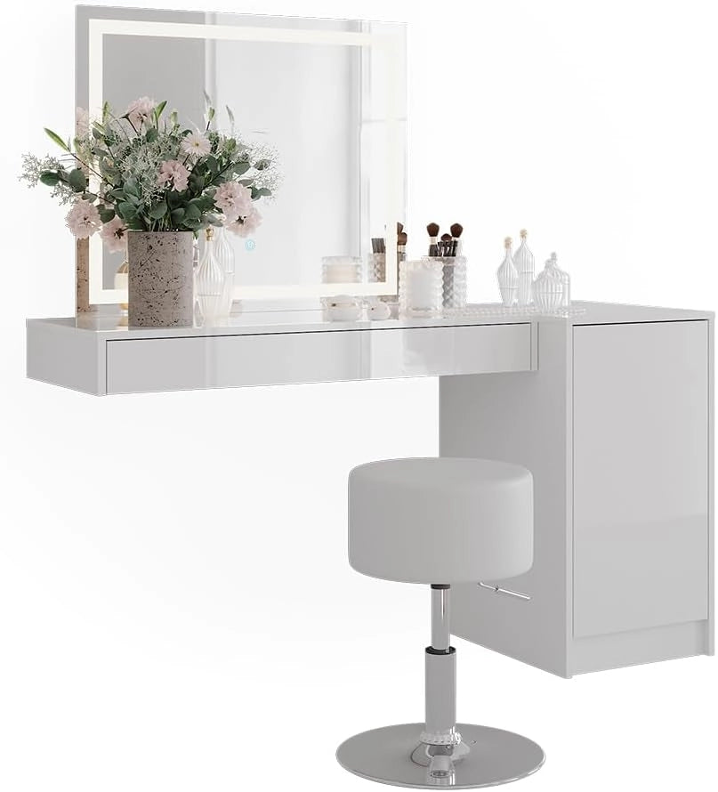 Tavolo da toeletta Sherry, Bianco, 100 cm 4 parti, con illuminazione LED e seduta imbottita per il montaggio
