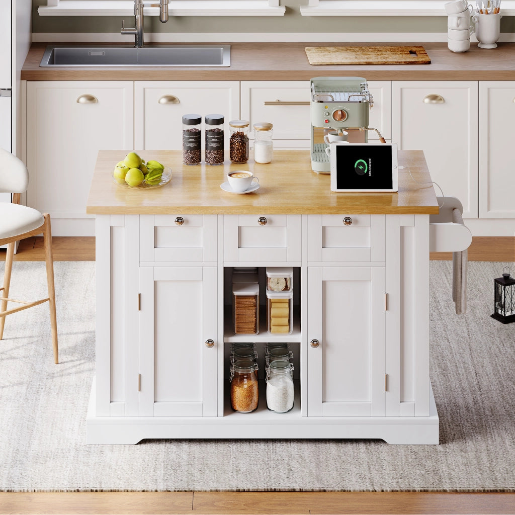 Isola da cucina mobile 132 cm con piano ribaltabile, cassetti, vani a giorno e presa integrata