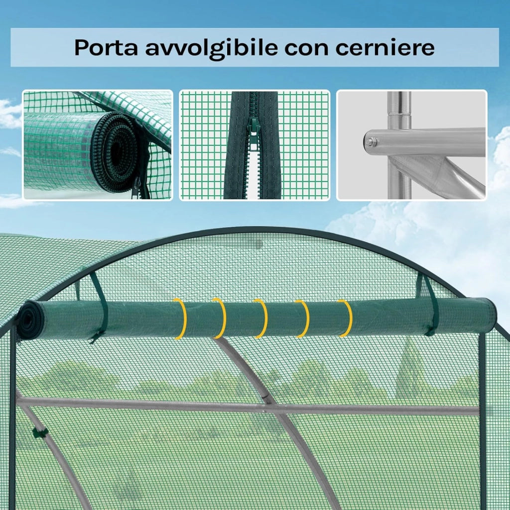 Serra da Giardino a Tunnel, Copertura per Piante da Esterno, in Rete PE e Tubi d’Acciaio Zincato, Porta Avvolgibile con Cerniere e 6 Finestre Laterali, 300x300x200cm, Verde