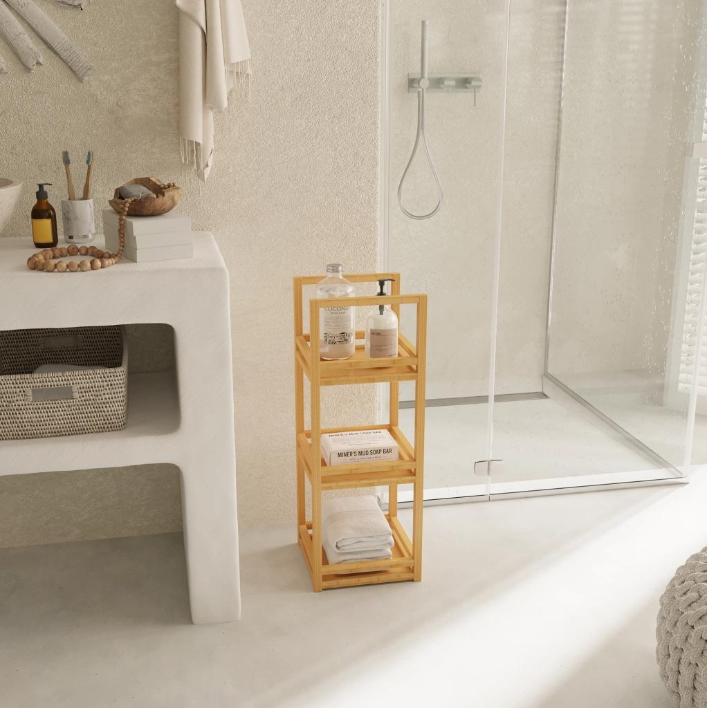 Scaffale da bagno 70x26x26 cm in bambù naturale， 3 ripiani， salvaspazio