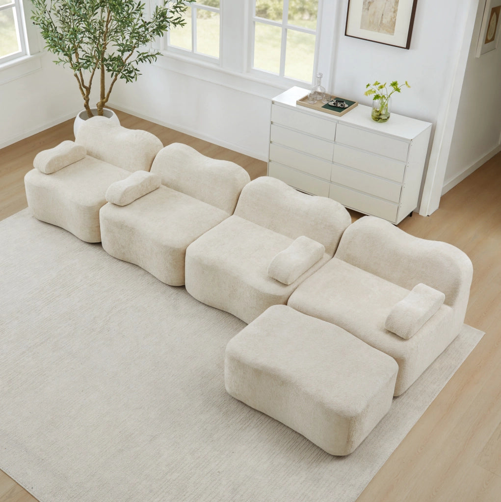 Divano angolare modulare 4 posti con pouf 384x167x70 cm in velluto beige