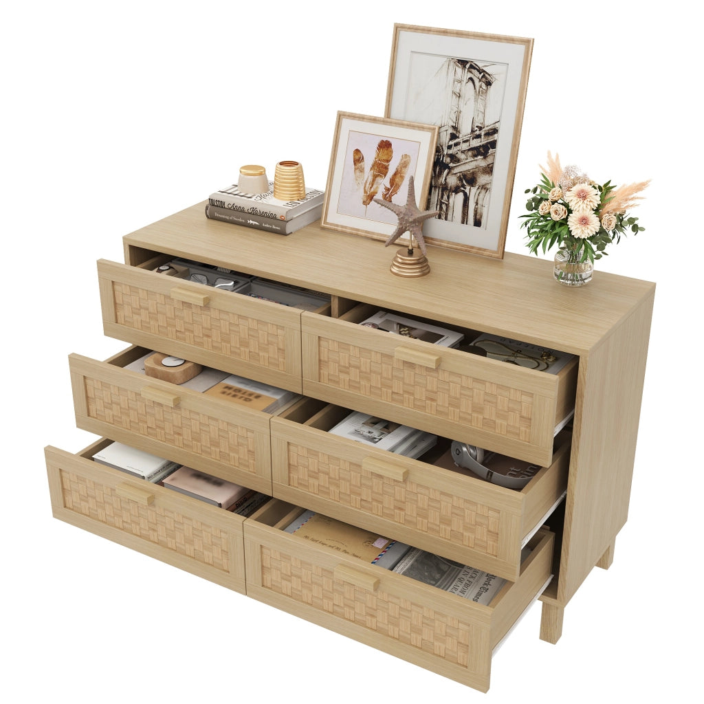 Credenza con 6 Cassetti; Frontali Effetto Rattan; Stile Naturale; in Pannello di Truciolare; 120??40??75 cm; Naturale