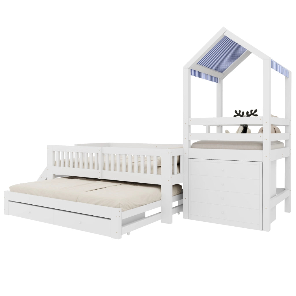 Letto a castello bambino 90×200 cm e 90×190 cm con scala laterale e cassetti; senza materasso; bianco