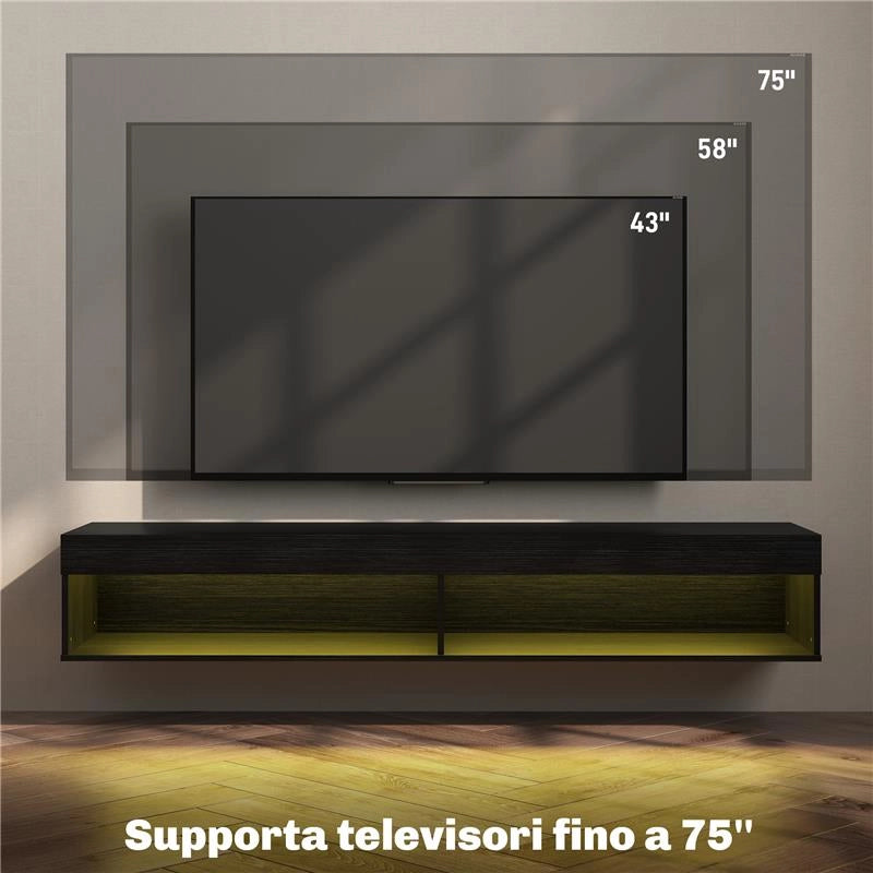 MOBILE PORTA TV FINO 75" SOSPESO CON LUCI LED 16 COLORI E TELECOMANDO 180X40X30 CM NERO