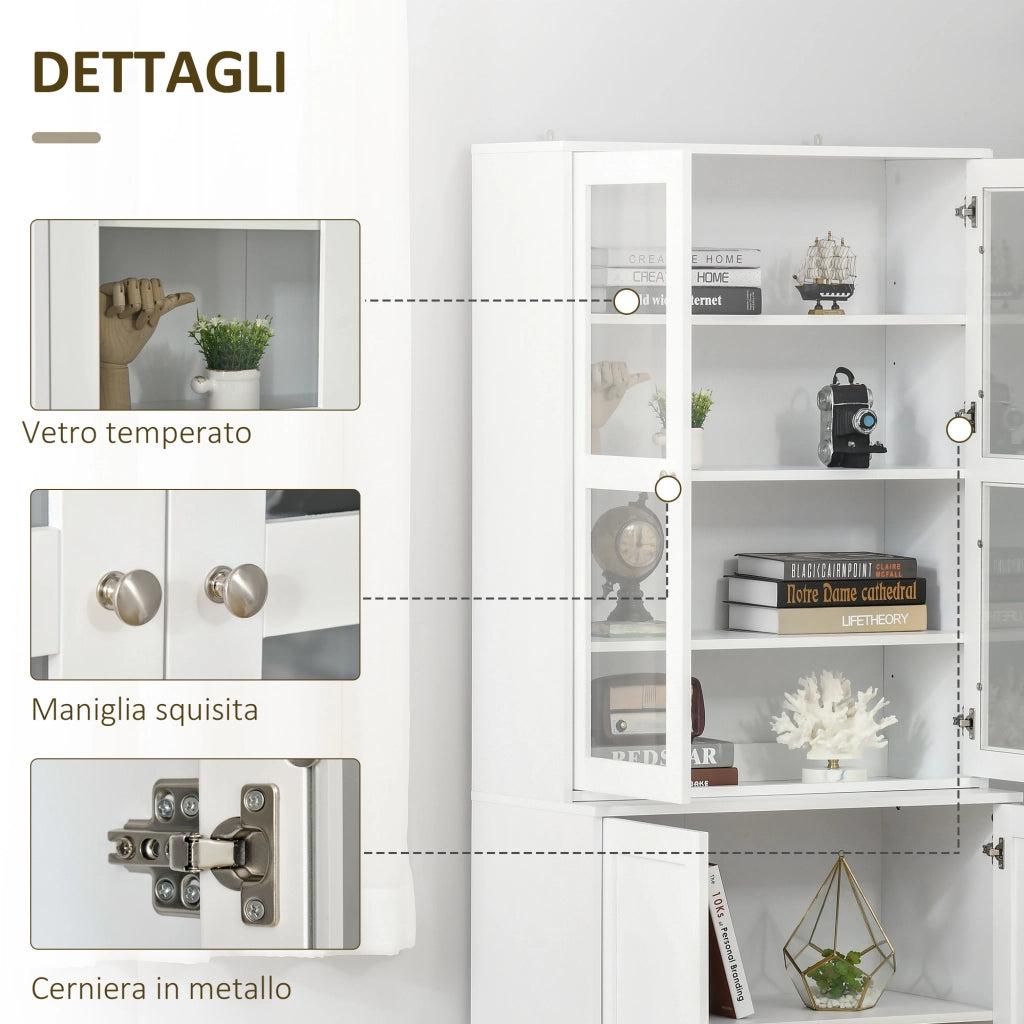 Mobile Libreria con 2 Armadietti. Ripiani Regolabili e Ante in Vetro. 76x40x178.5 cm. Bianco