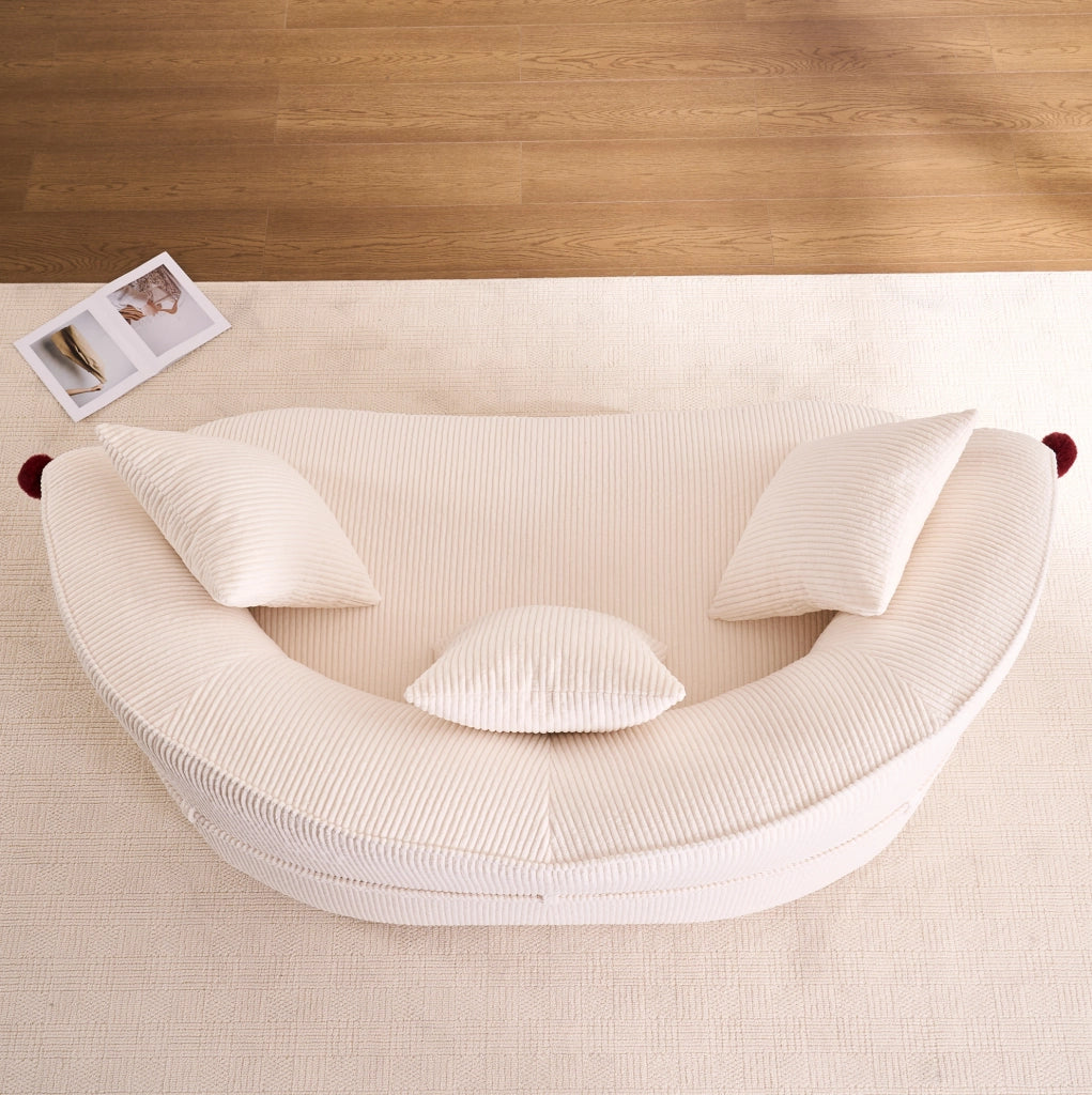 Divano 2 posti ULEVR 43x45x104 cm in velluto a coste bianco, design curvo con 3 cuscini