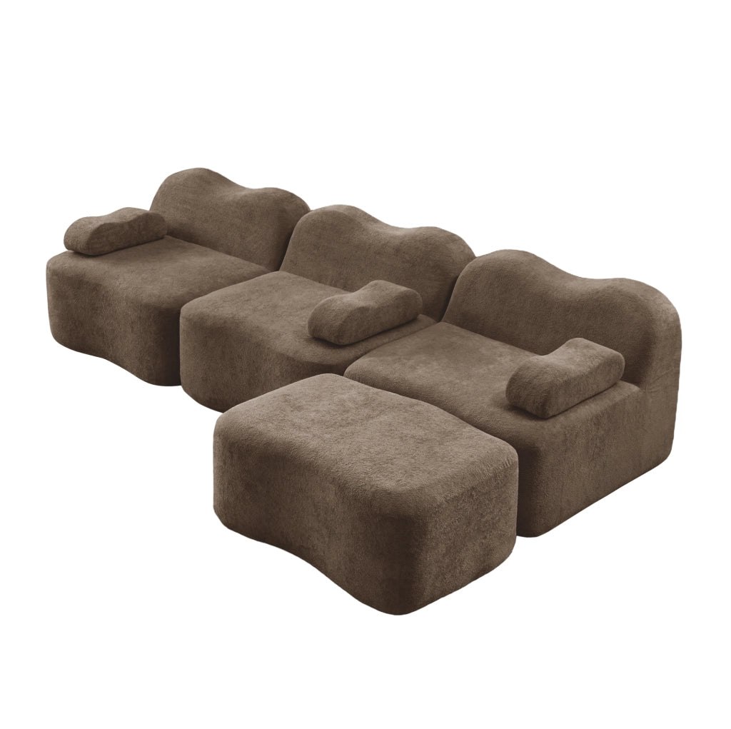Divano angolare modulare 288x167x70 cm in velluto marrone con pouf e seduta profonda