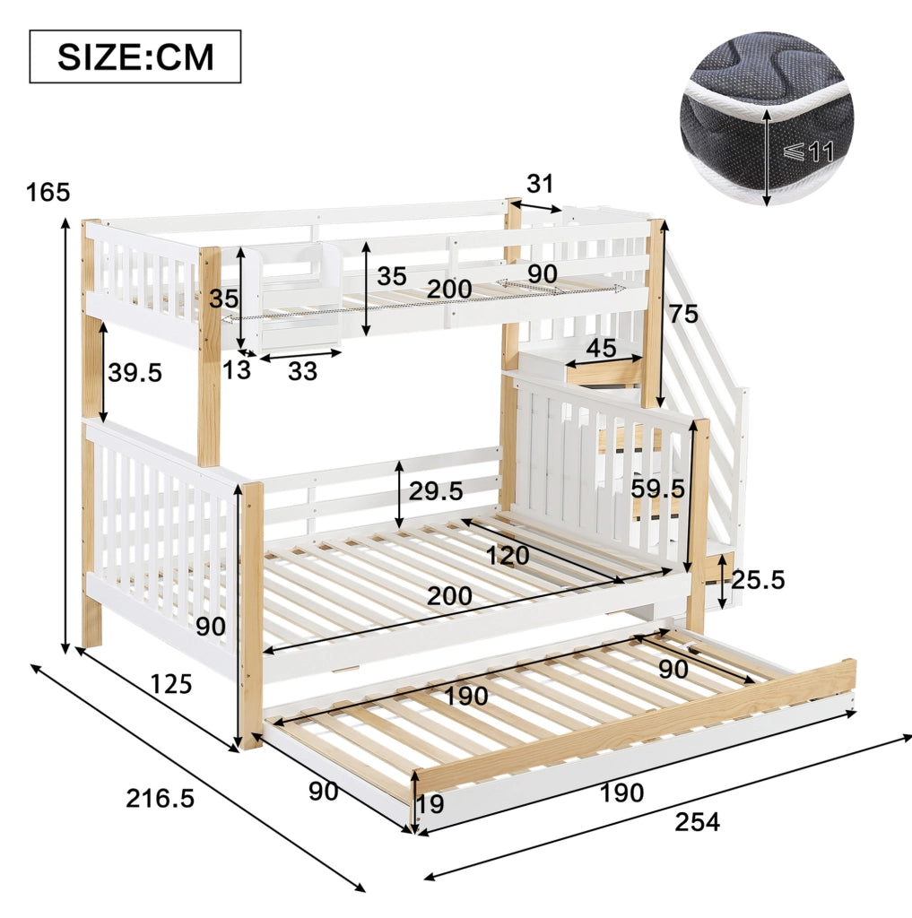 Letto a castello per bambini con letto estraibile; scala contenitore e sponde; 120x200 cm; bianco e naturale
