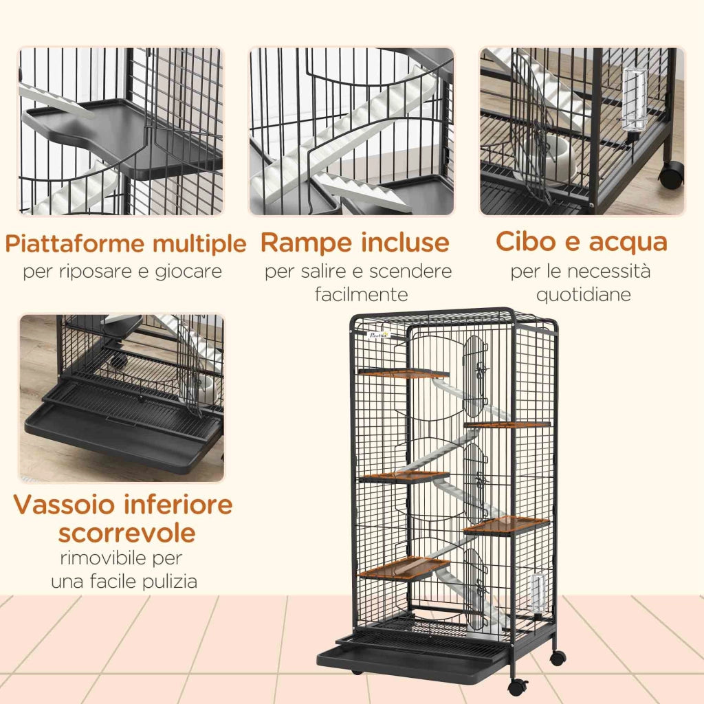 Gabbia per Piccoli Animali con Ruote, 5 Rampe e 5 Piattaforme, Ciotola e Bottiglia, 61.5x44x131 cm, Nero