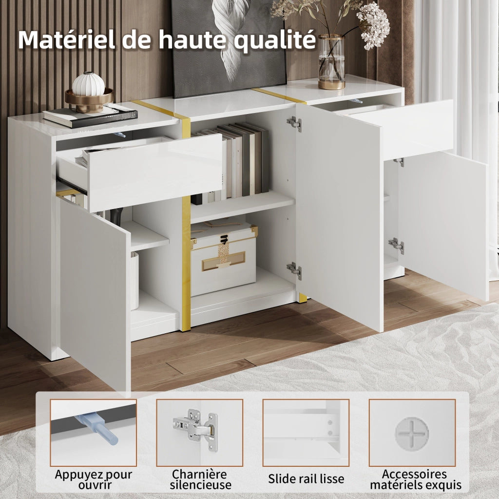 Credenza con 3 ante e 2 cassetti; ripiani regolabili - per soggiorno - 160×40×78 cm - bianco