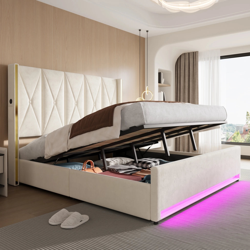 DESMIU Lit Letto Contenitore 180 × 200 cm 2 posti con USB, Type-C, LED e tasche, senza materasso, in velluto, beige