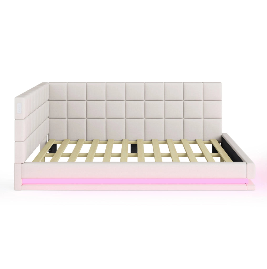 Divano letto imbottito 140x200 cm in lino beige con LED; presa USB e rete a doghe