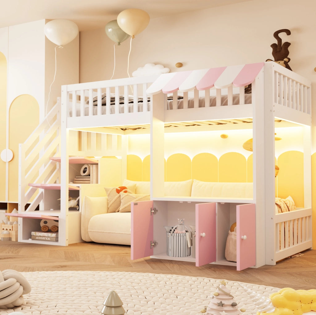 Letto a soppalco 90x200 cm rosa e bianco con scala contenitore e luci LED