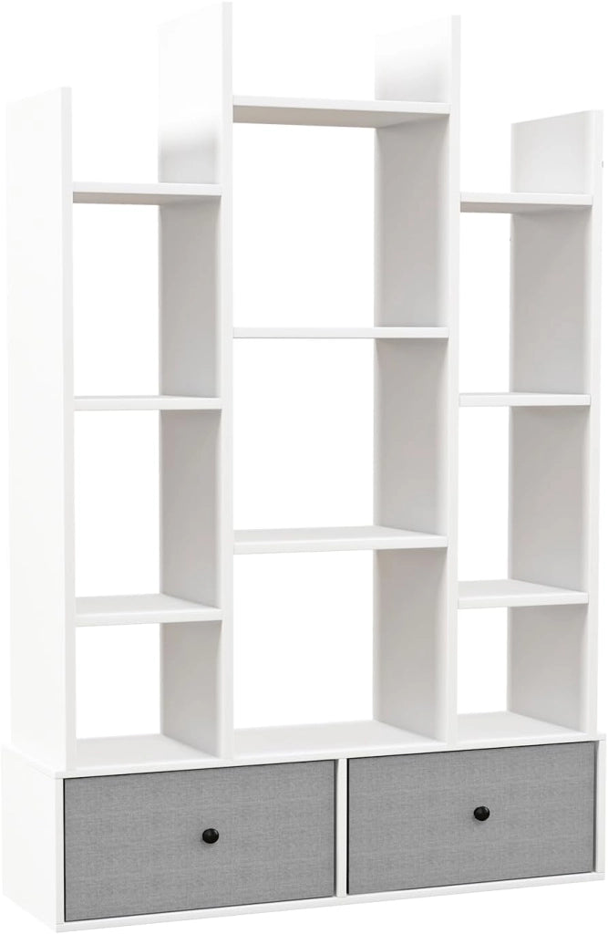 Scaffali portaoggetti a 12 livelli, scaffale in legno, 2 cassetti, scaffale con scomparti aperti, per ufficio, studio, soggiorno, camera da letto, 80 x 24 x 132 cm (bianco)