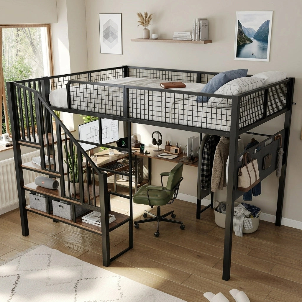 letto alto in metallo e legno nero 140 x 200 cm