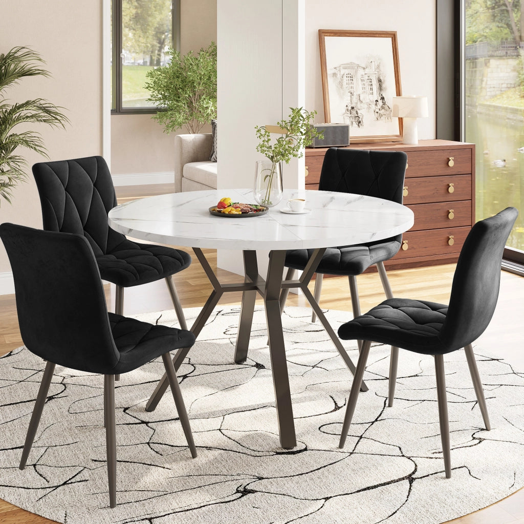 Tavolo da pranzo rotondo 100 cm effetto marmo bianco con base a X nera