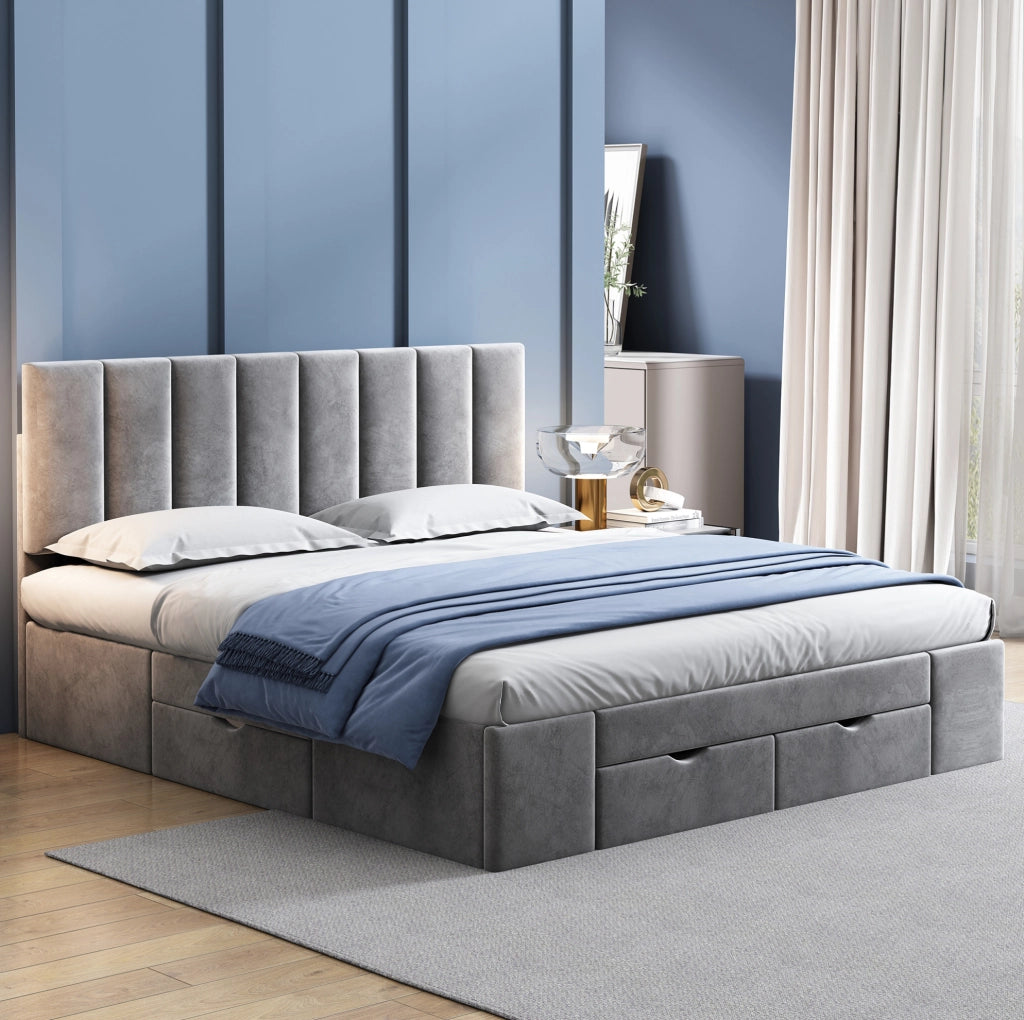Letto imbottito 160x200 cm in velluto grigio con 4 cassetti