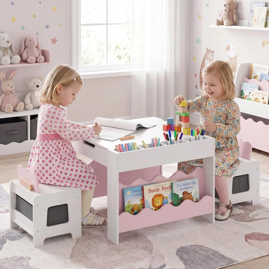4 in 1 Set Tavolo e 2 Sedie per Bambini 3+ Anni (Rosa e Bianco) | Tavolo e Sedie con Lavagna Rimovibile, Sedia con Cassetto in Tessuto, Mobile in Legno Versatile per Cameretta e Soggiorno